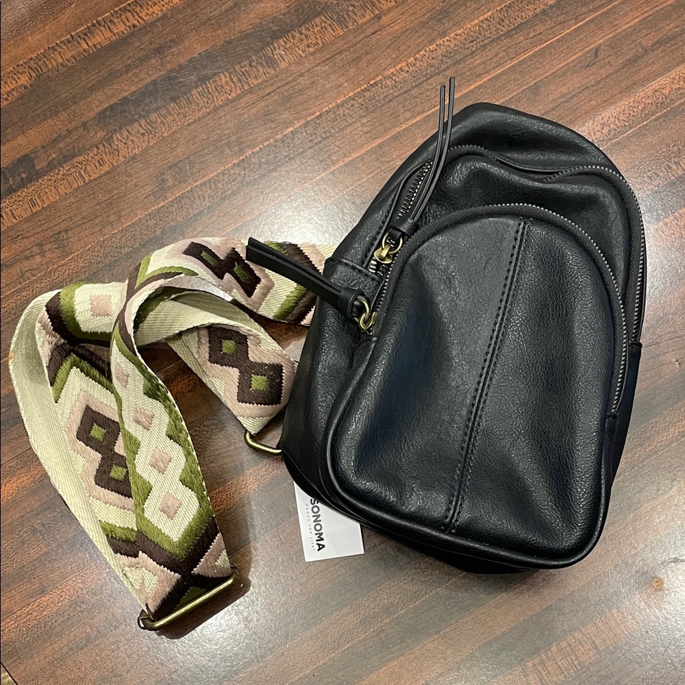 Sonoma NWT Black Vegan Leather Crossbody Bag with Patterned Strap
